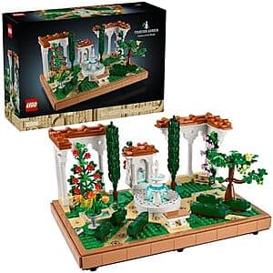 LEGO Icons Fountain Garden building set with 1302 pieces, featuring a detailed fountain display garden in box packaging.
