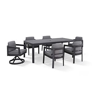 Aluminum-frame outdoor dining set with Sunbrella fabric cushions, featuring a table and six chairs.