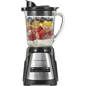 Hamilton Beach Power Elite Wave Action Blender with 40-ounce glass jar and white base unit.