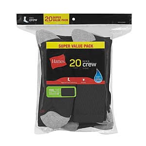 20-Pairs Hanes Men's Lightweight Comfort Crew Socks (Size 6-12, Black) $9.25
