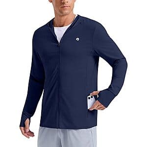 Black PINSPARK men's full-zip hooded jacket with UPF 50+ sun protection rating.