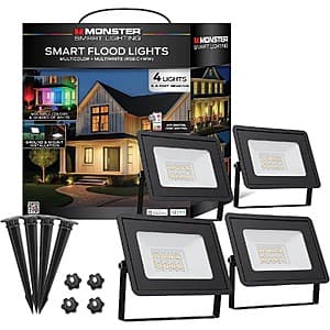 Four weather-resistant outdoor flood lights with multi-color RGB lighting capability and flexible mounting hardware.