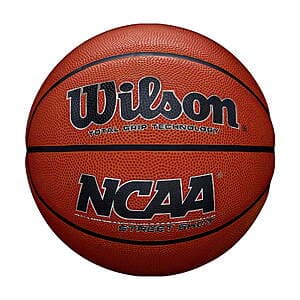 Wilson NCAA Street Shot outdoor basketball in Size 7, orange and black official game ball design.