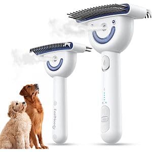FEELNEEDY dual-sided dog brush with steam function designed for dematting and deshedding pet fur.