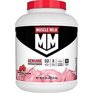 Muscle Milk Genuine Protein Powder 4.94 lb canister in Strawberries 'N Crème flavor with branded label.