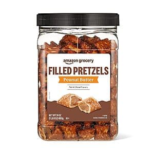 24-oz bag of Amazon Grocery brand peanut butter filled pretzels.