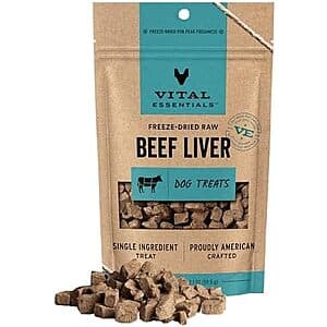 Vital Essentials Freeze Dried Dog Treats in Beef Liver flavor, 2.1-ounce package with product branding and beef liver treat visible.