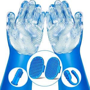 Six-piece pet grooming kit including colorful bath brushes, grooming gloves, and finger toothbrushes for dogs and cats.