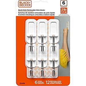 6-Pk BLACK+DECKER Quick Stick Removeable Wire Wall Hooks (Holds up to 2 lbs) $2.75