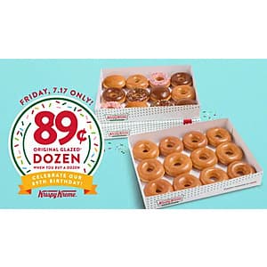Box of twelve glazed Krispy Kreme doughnuts with light golden coating.