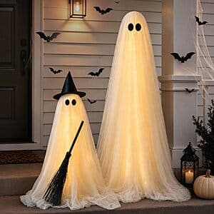 Two light-up Halloween decorations: a tall glowing spooky ghost and a smaller witch ghost holding an all-natural wooden broom.