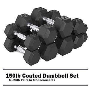 CAP 150lb dumbbell set with five pairs of dumbbells in 5, 10, 15, 20, and 25 pound weights.