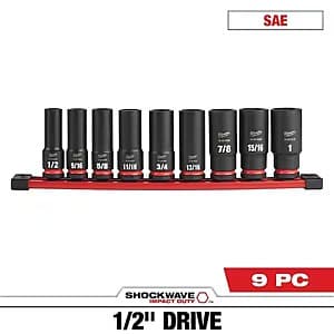 Milwaukee SHOCKWAVE 9-piece 1/2" drive deep well impact socket set with blue and red packaging, containing impact-rated sockets.