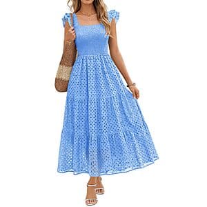 Lazysmile Women's Tiered A Line Smocked Summer Boho Maxi Dress w/ Pockets $16 + Free S&H