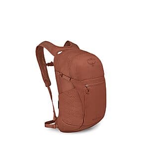 Osprey Daylite Plus Commuter Backpack in Porcelain Orange with visible padded laptop sleeve, dual bottle pockets, and breathable backpanel.