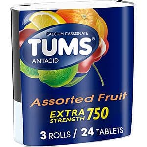 Three bottles of TUMS Antacid Chewable Tablets in Assorted Fruit flavours, 8 tablets per bottle.
