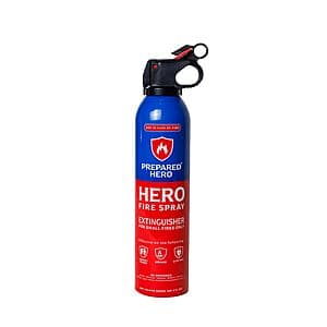 Compact Prepared Hero organic mini fire extinguisher with non-toxic formula, suitable for home emergency preparedness.