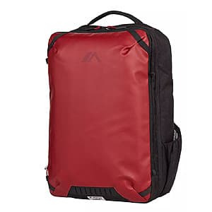 Red 35L Quest Adventure Travel backpack with multiple compartments and carrying straps.