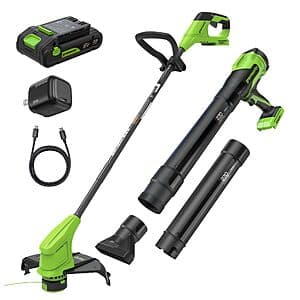 Greenworks 24V brushless string trimmer with 12-inch cutting head and brushless 270 CFM leaf blower displayed together as a lawn care combo kit.