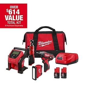 4-Tool Milwaukee M12 12V Combo Kit (Screwdriver, Ratchet, Inflator, Light, 2x 2.0Ah) $199 + Free Shipping