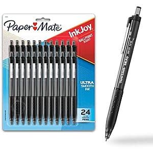 24-count pack of Paper Mate InkJoy 300RT black retractable ballpoint pens with comfortable grip design.