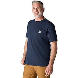 Carhartt Men's K87 Pocket T-Shirt in Light Amber and Navy colorways displayed flat with visible front chest pocket.