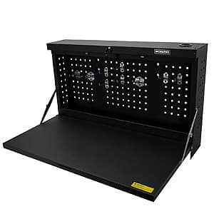 WorkPro 36-inch foldable steel wall workbench with integrated pegboard storage and fold-up design.