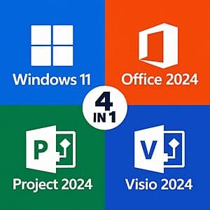 Microsoft software bundle package displaying logos for Windows 11 Pro, Office Pro 2024, Project Pro 2024, and Visio Pro 2024.