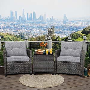 3-Pc Gymax Patio Rattan Sofa Set w/ Glass Tabletop (Grey Cushions) $143 + Free S&H