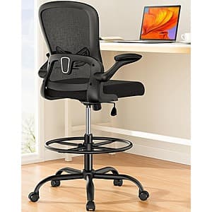 Black ErGear drafting chair with flip-up armrests and height-adjustable seat on a five-point base.