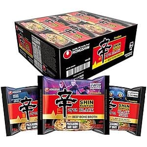 16-pack box of Nongshim Shin Ramyun Black Noodles with black and red packaging, showing individual 4.58-oz noodle servings.