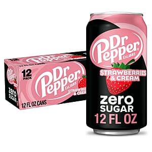 Twelve-pack of 12-ounce Dr Pepper Zero Sugar Strawberries & Cream soda cans in pink packaging.